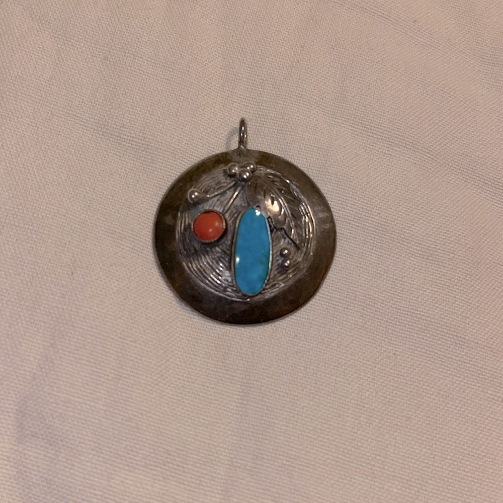 Vintage Navajo Roy Vandever Turquoise Coral Sterling Silver Pendant